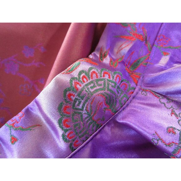 Asian Inspired Tie Front Kimono Robe Purple Red Green Brocade Damask Damage L XL - Picture 6 of 16